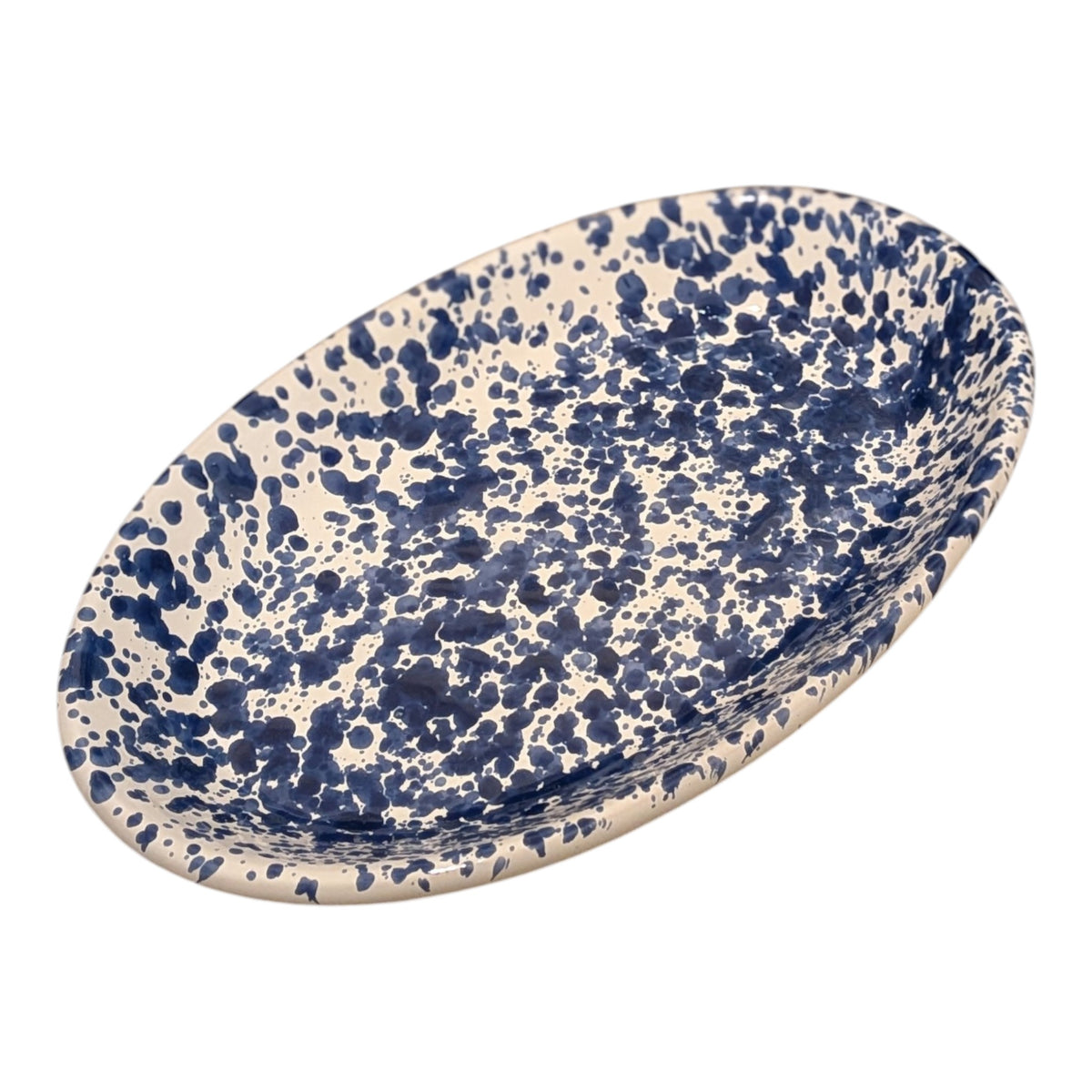 Handmade Ceramic Small Serving Plate - Blue Splatter, Oval, 12 cm