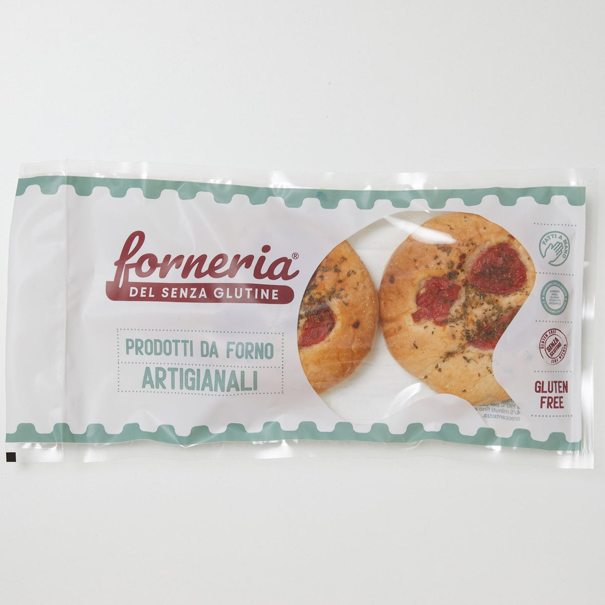 A package of gluten-free artisanal breadsticks from the Italian bakery 'forneria del senza glutine', featuring a white and mint green design with a photo of two tomato topped mini focaccine.