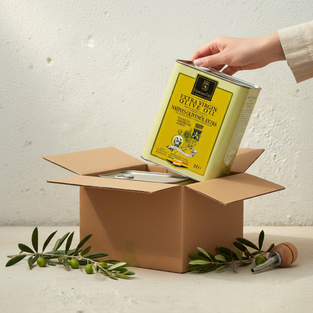 a hand picking up a 2l tin of organic olive oil from a cardboard box that has another tin inside, olive tree branches next to the box, simple beige surface and light grey wall behind