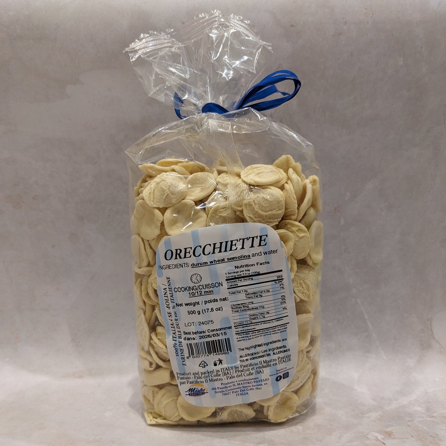 a packet of pasta orecchiette from the back