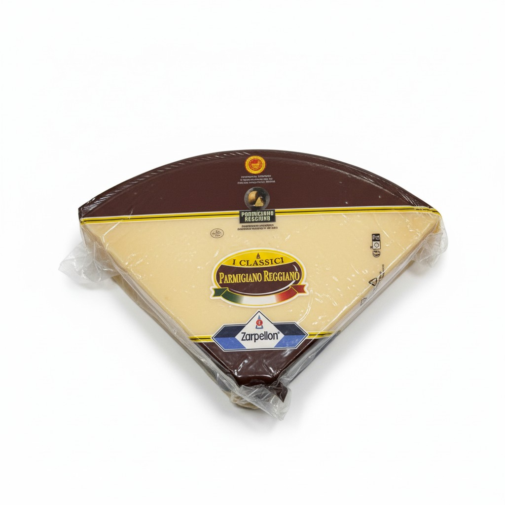 Packaged Parmigiano Reggiano cheese with Zarpelon branding on a white background