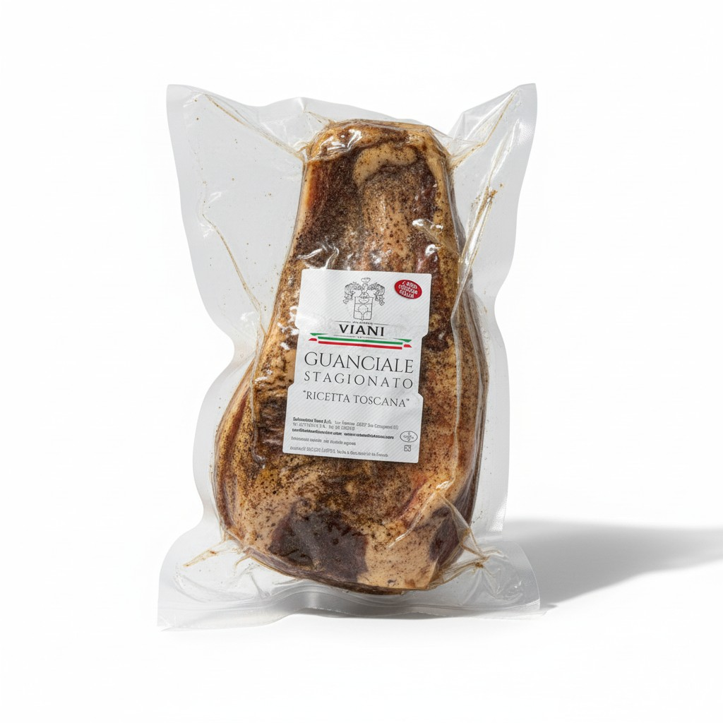 Packaged guanciale with Viani label on a white background