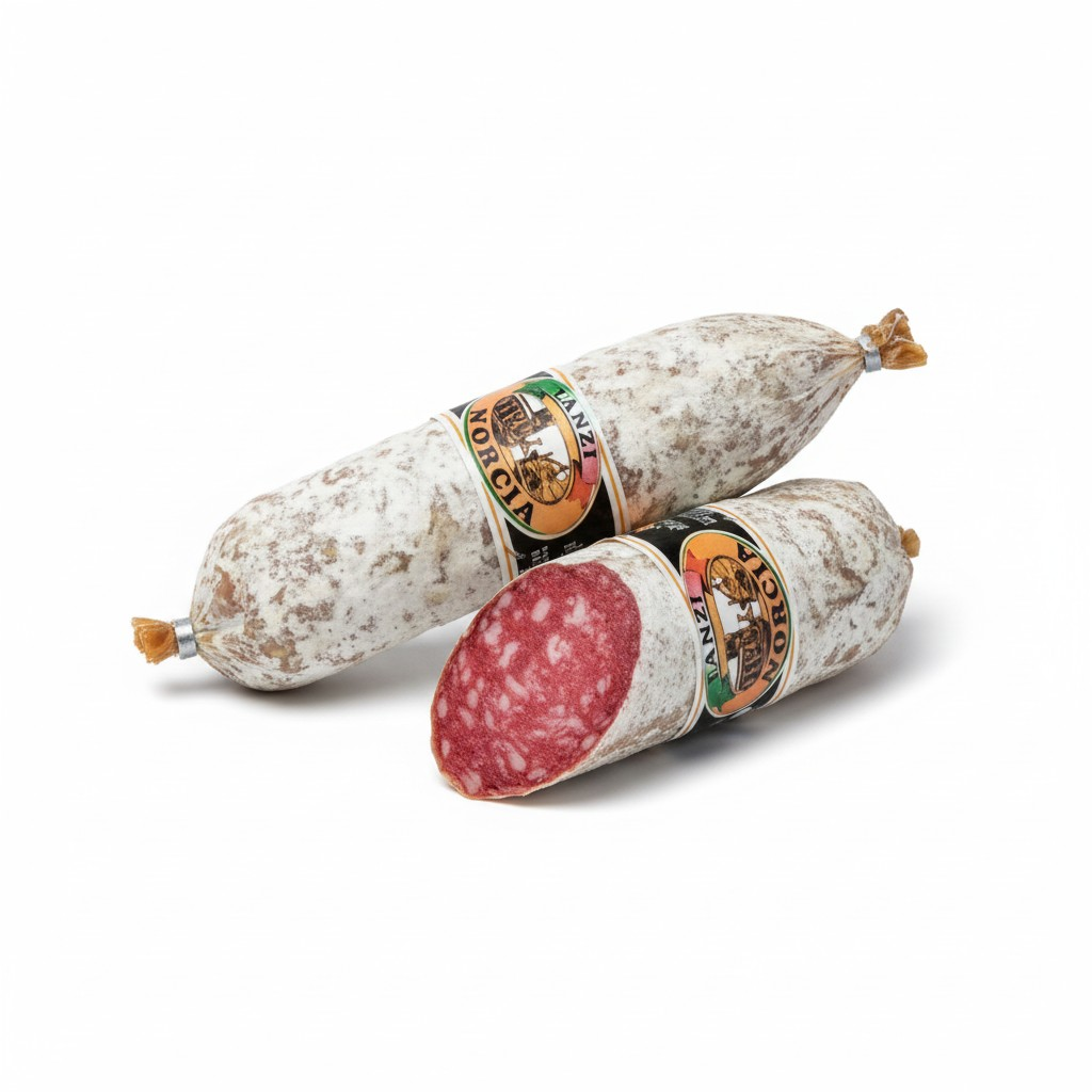 Two sausages with a visible brand label on a white background