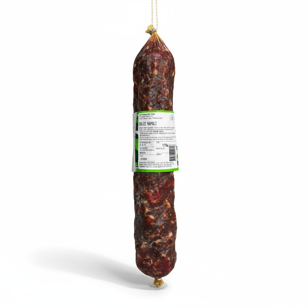 Dried sausage with a label on a white background