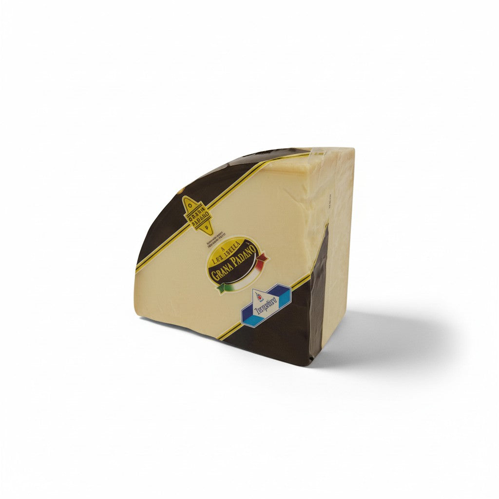 A quarter of grana Padano cheese in a white background