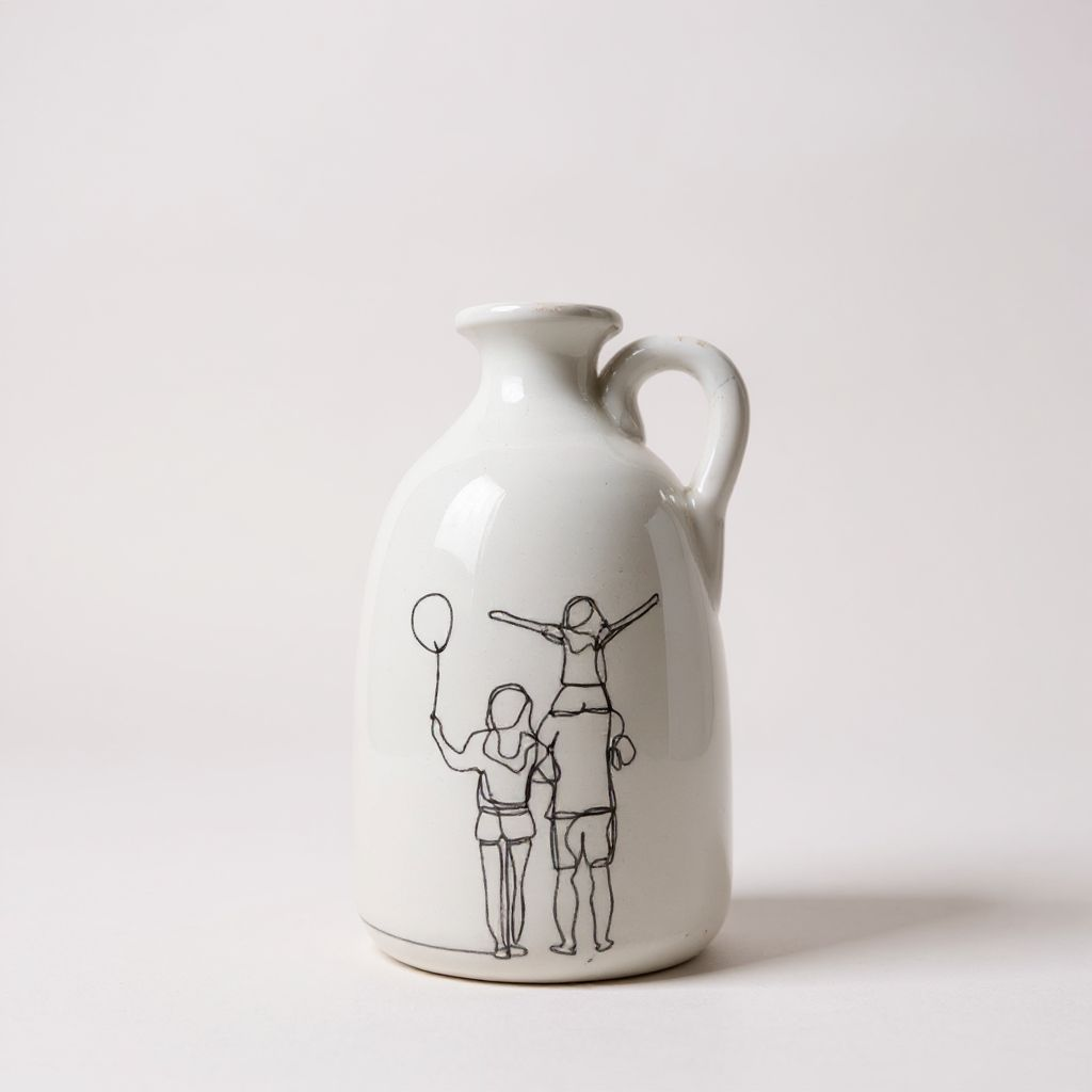 White ceramic bottle with a family design with a white background behind 