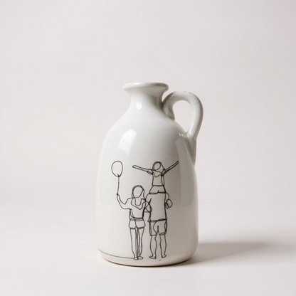 White ceramic bottle with a family design with a white background behind 