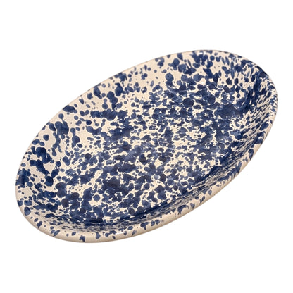 Handmade Ceramic Small Serving Plate - Blue Splatter, Oval, 12 cm