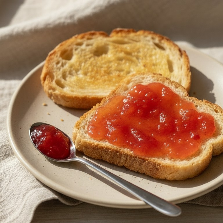 Two slices of toast with red jam on a beige plate, accompanied by a spoonful of jam.