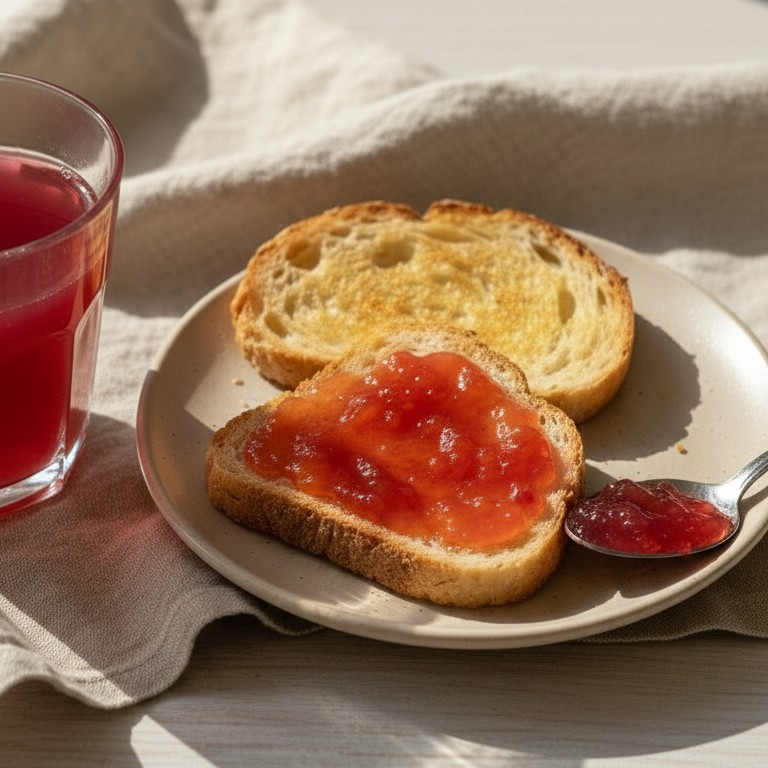 Toast with strawberry jam on a plate with a glass of red juice, all on a light wooden surface.
