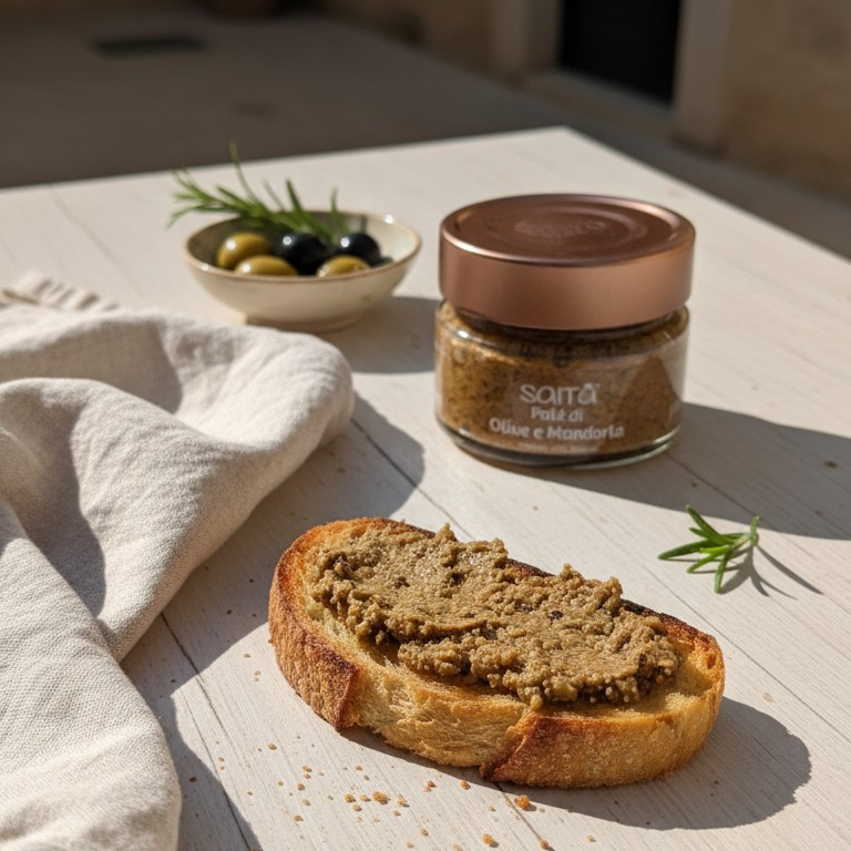 Jar of olive tapenade on a slice of bread with olives and rosemary in the background.