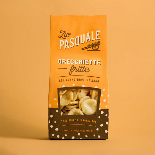 Packaging of Zio Pasquale Orecchiette fritte on an orange background