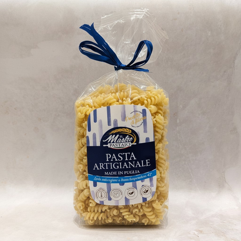 Packaged pasta with a label on a white background