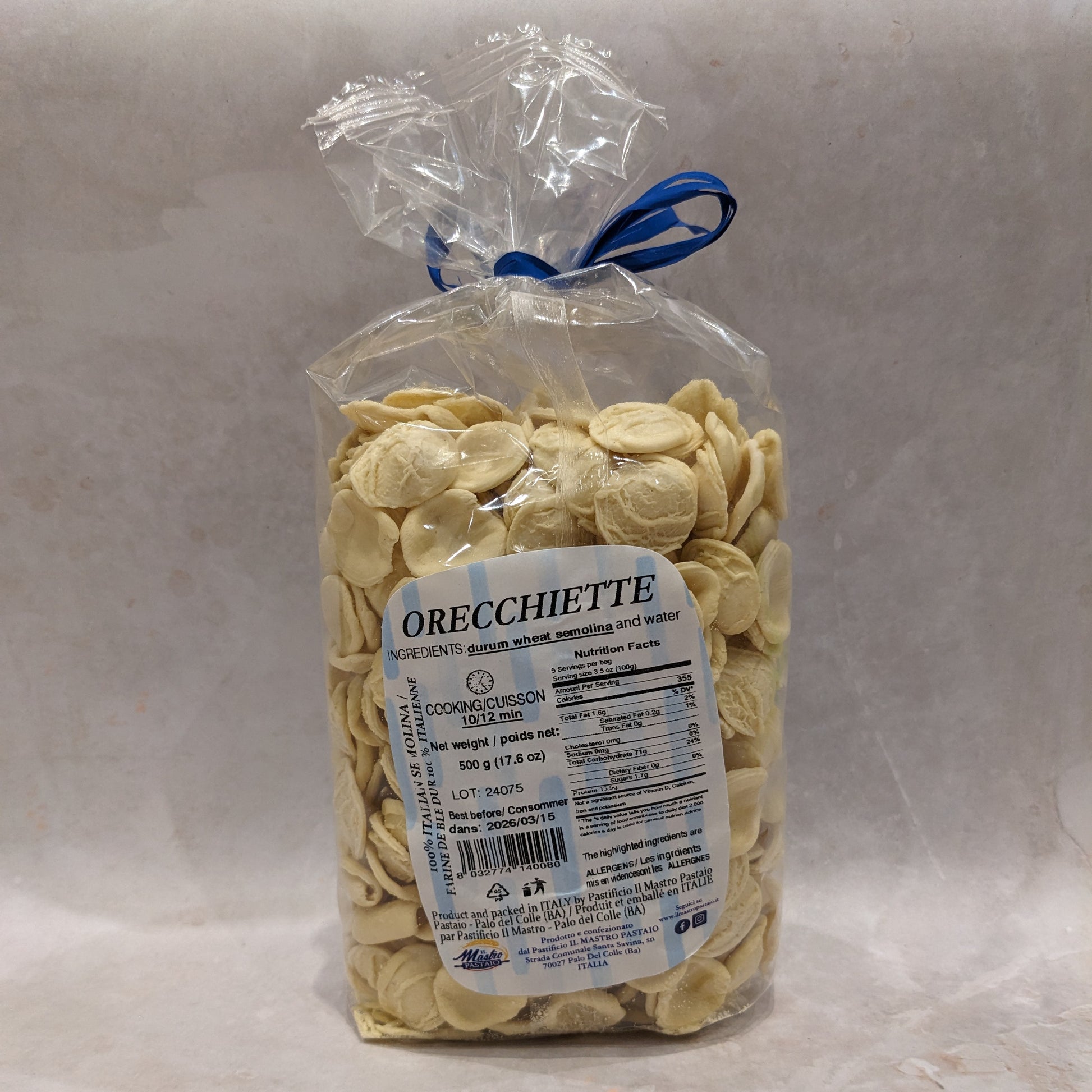 a packet of pasta orecchiette from the back