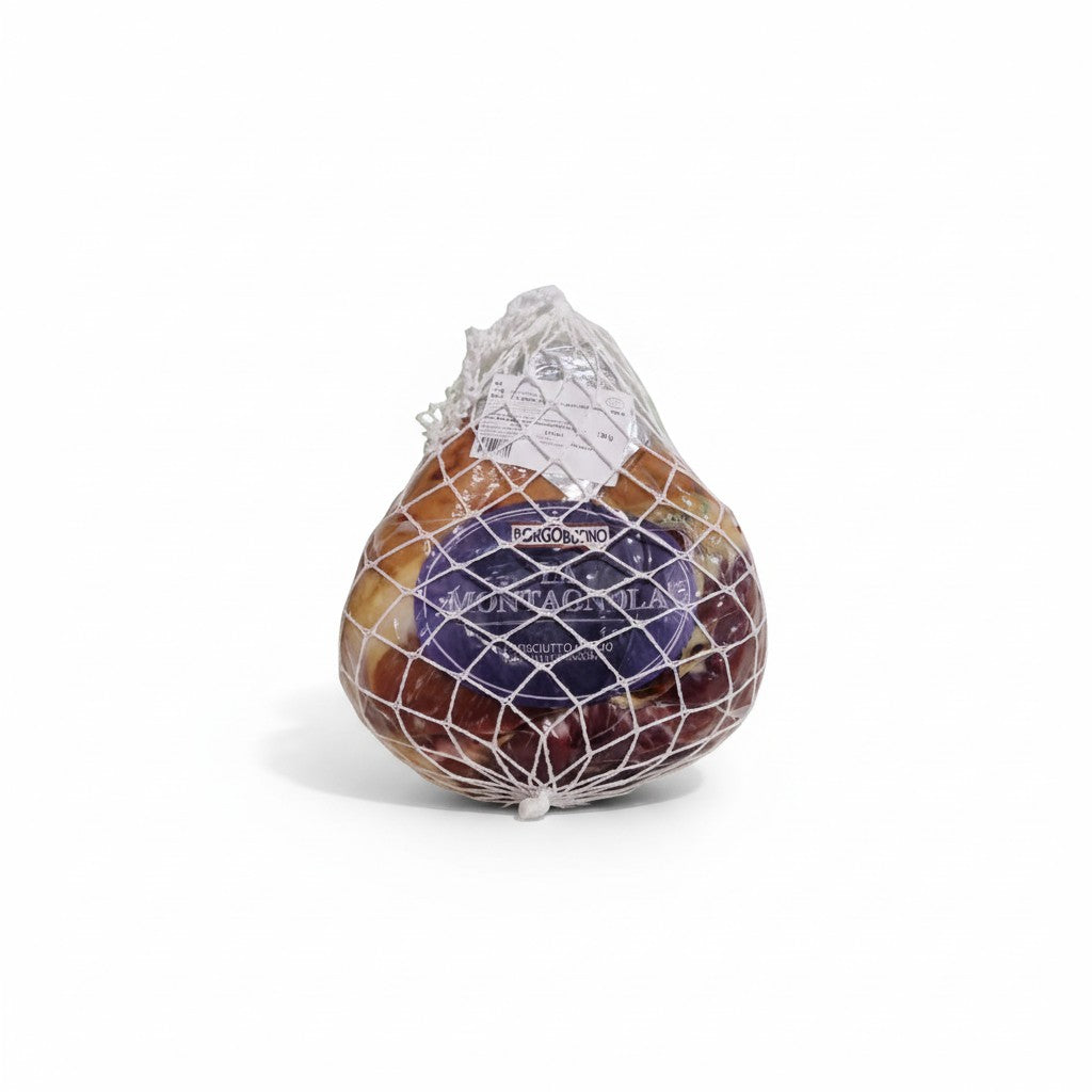 A bag of prosciutto crudo in a white background