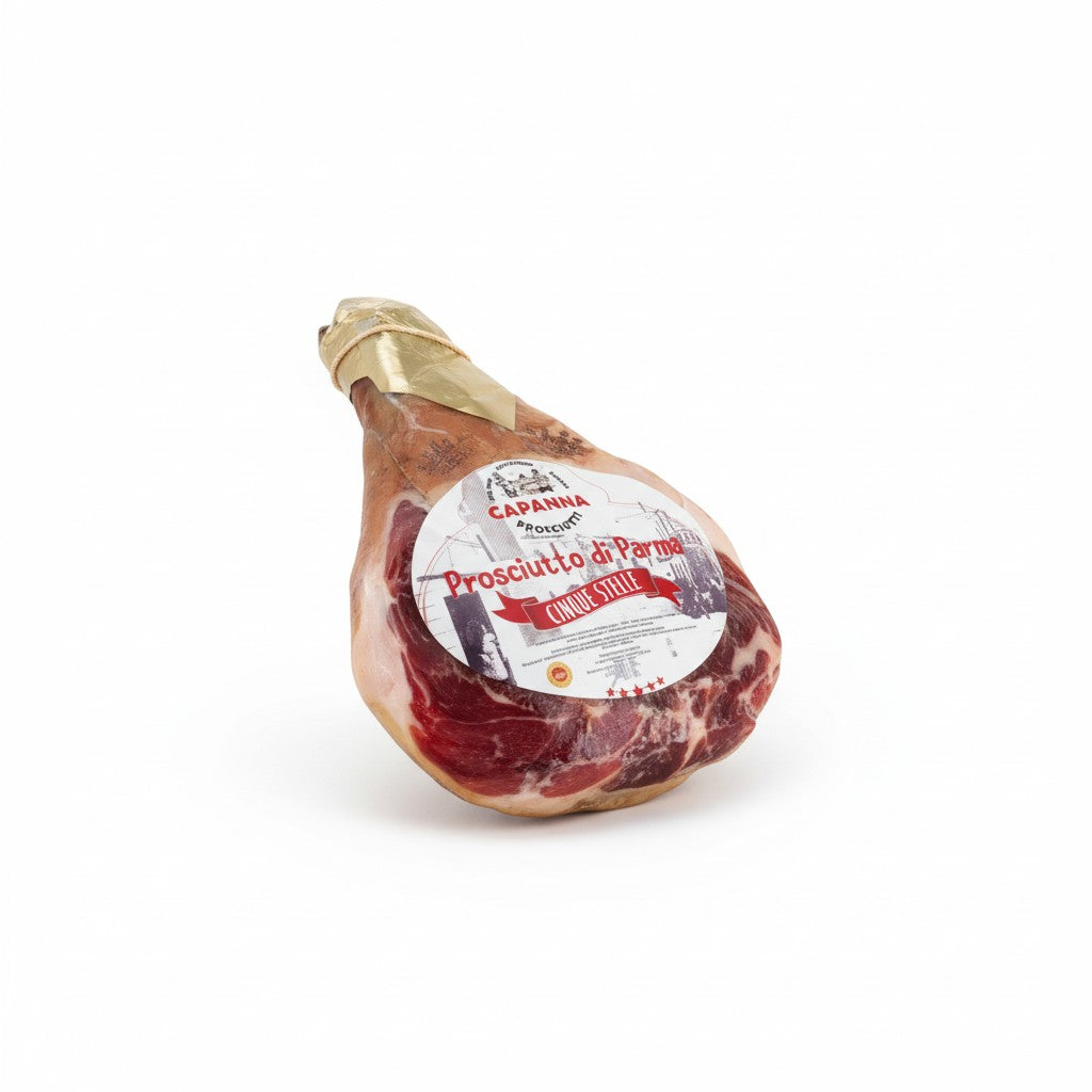 a whole prosciutto crudo in a white background