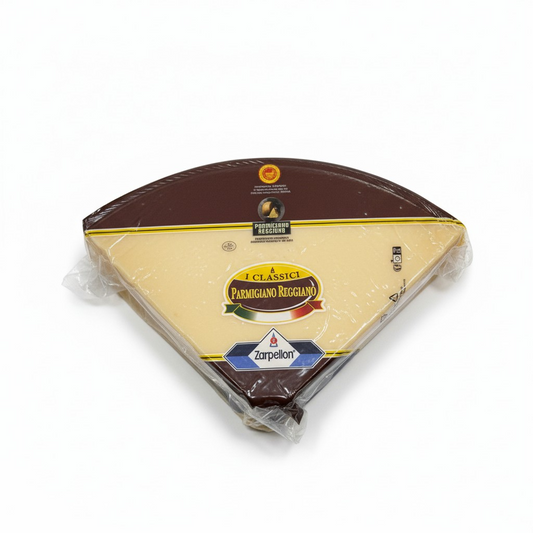 Packaged Parmigiano Reggiano cheese with Zarpelon branding on a white background