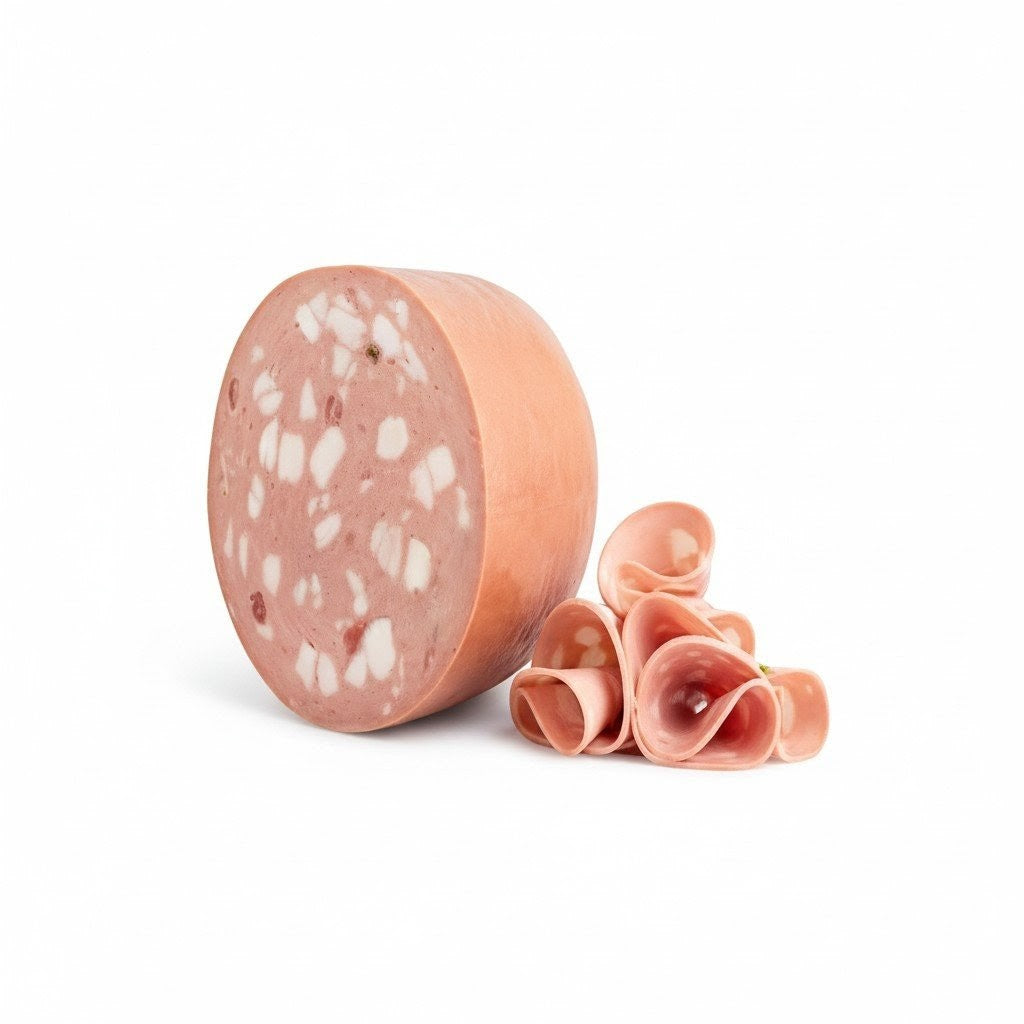 Mortadella Italian sausage with slices on a white background