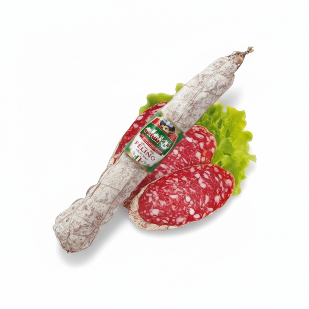 Salami with a label on a white background