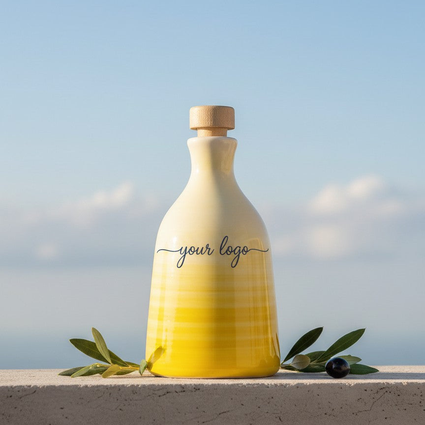 Yellow and white bottle with wooden cap on a concrete ledge against a blue sky.